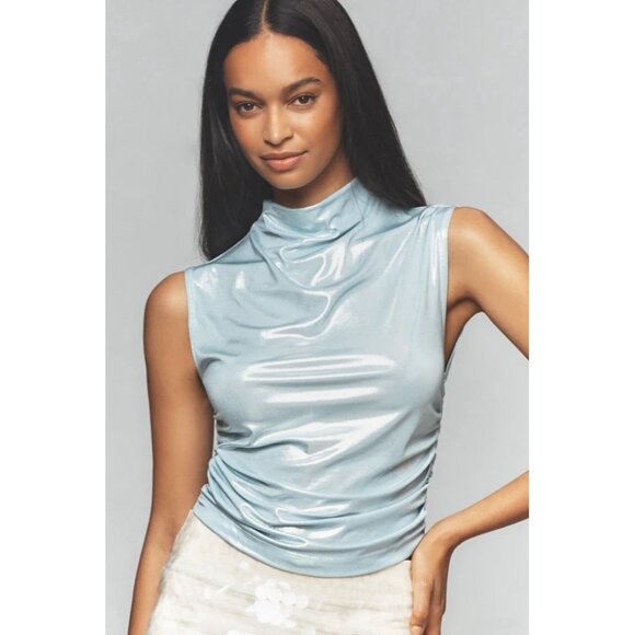 NWT Size 3X - Anthropologie Maeve Mock-Neck Ruched Shine Tank in Blue - Picture 1 of 16